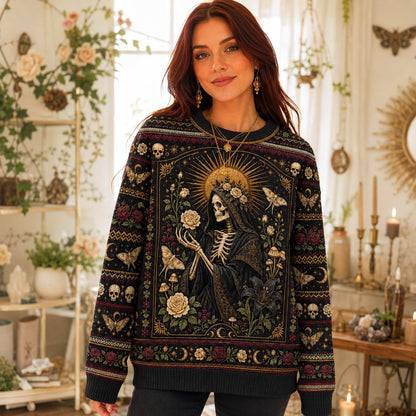 Skeleton Saint Sweater Death Head Moth Skull Gothic Knit worn, front view