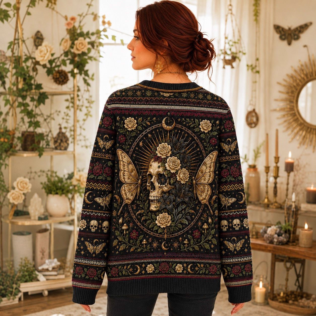 Skeleton Saint Sweater Death Head Moth Skull Gothic Knit worn, back view