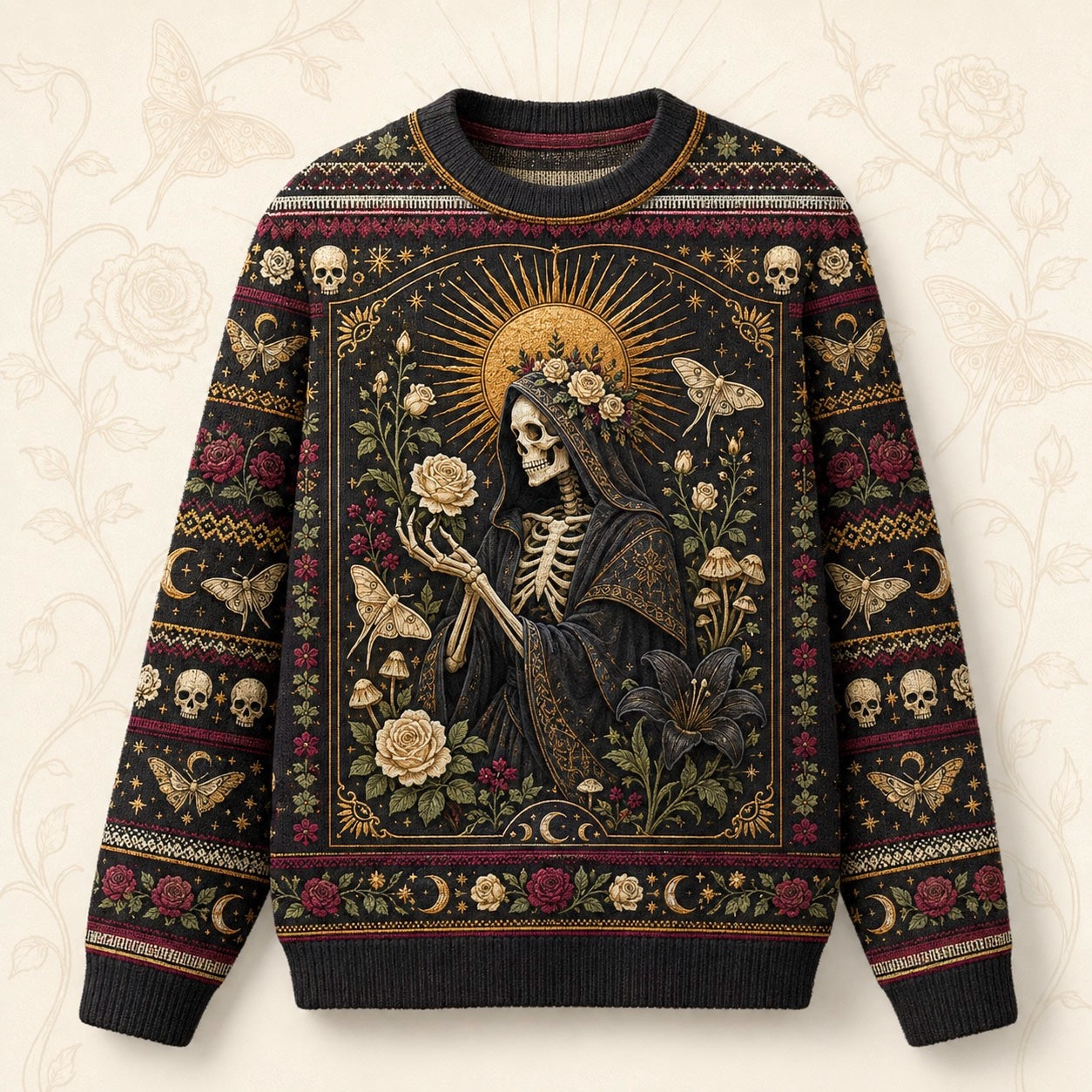 Skeleton Saint Sweater Death Head Moth Skull Gothic Knit front view