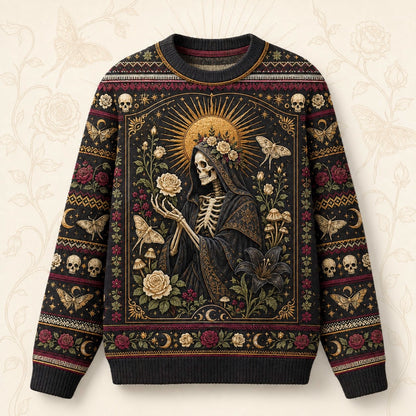 Skeleton Saint Sweater Death Head Moth Skull Gothic Knit front view