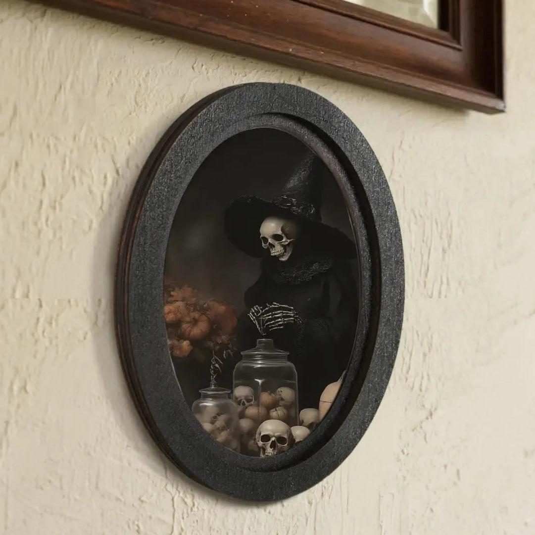 Skeleton Wizard Wooden Oval Frame - Gothic Oval Wall Art - Spooky Halloween Wall Decoration-MoonChildWorld