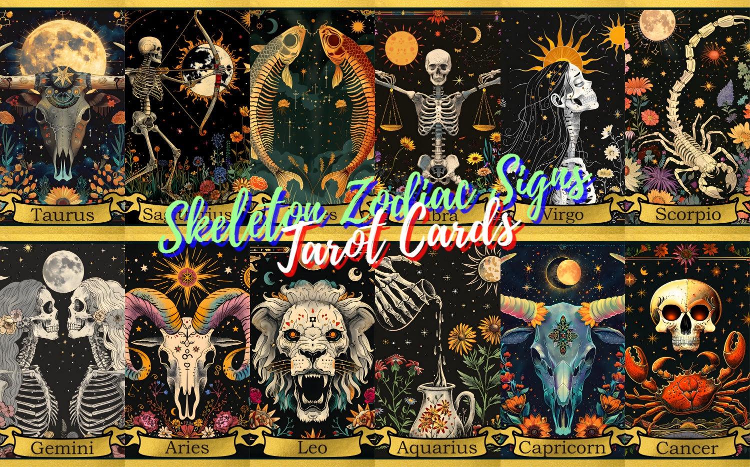 12 Skeleton Zodiac Sign Tarot Cards Digital File-MoonChildWorld