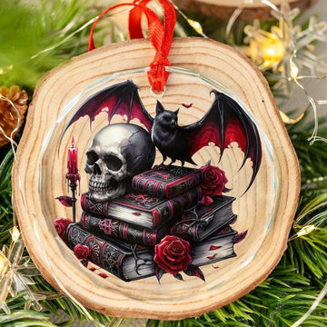 Skull Bat on Spell Books Glass Ornament Gothic Christmas Tree Ornament-MoonChildWorld