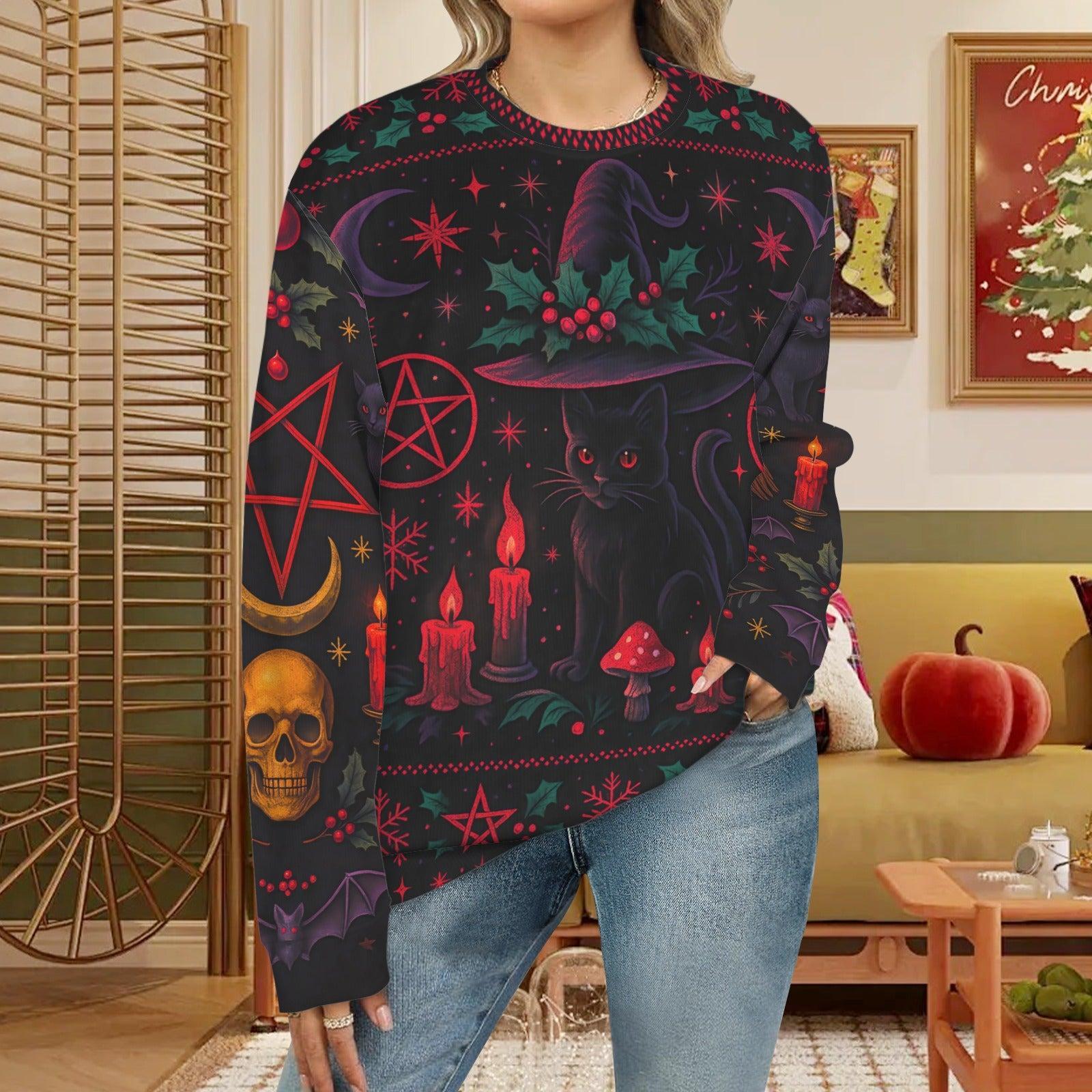 Skull Black Cat Halloween Witch Sweatshirt Gothic Christmas Sweater-MoonChildWorld