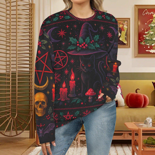 Skull Black Cat Halloween Witch Sweatshirt Gothic Christmas Sweater-MoonChildWorld