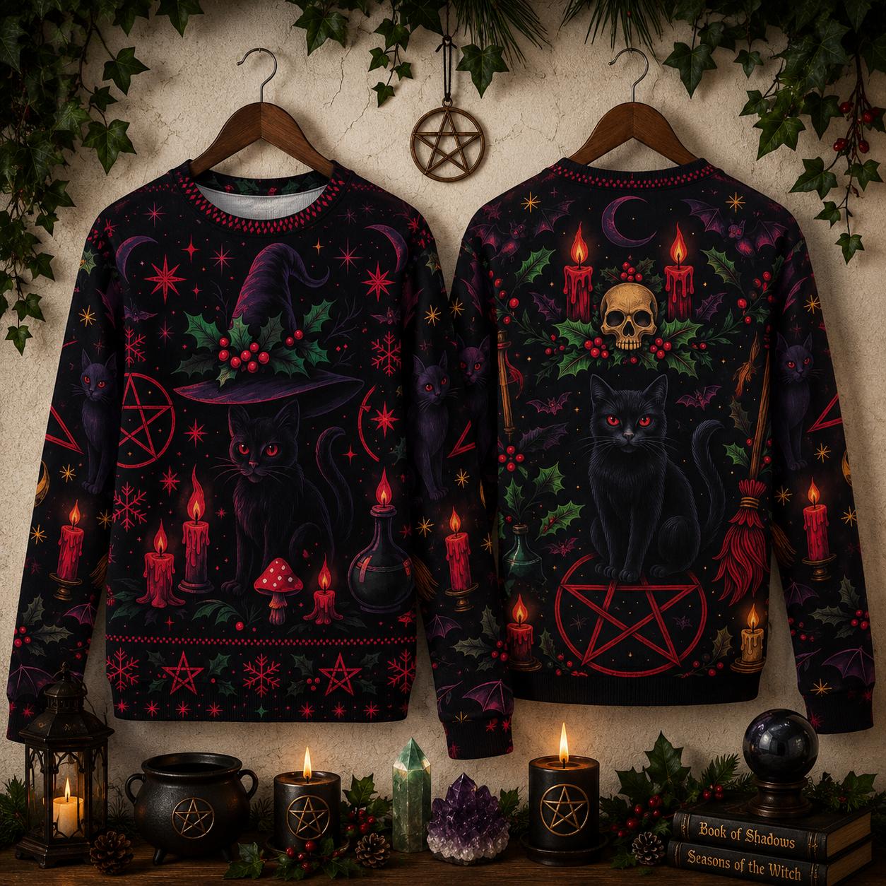 Skull Black Cat Halloween Witch Sweatshirt Gothic Christmas Sweater-MoonChildWorld