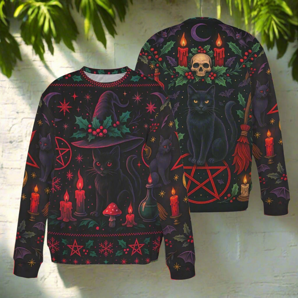 Skull Black Cat Halloween Witch Sweatshirt Gothic Christmas Sweater-MoonChildWorld