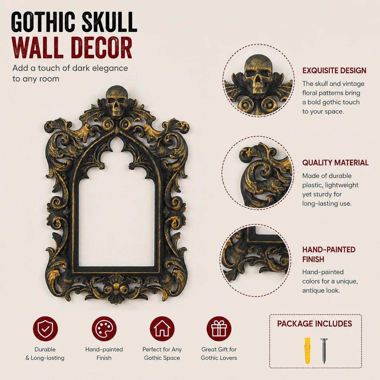 Skull photo frame – vintage scroll arch carved detail close-up