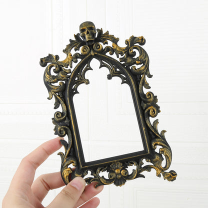 Gothic skull arch frame – aged carved wall frame side view