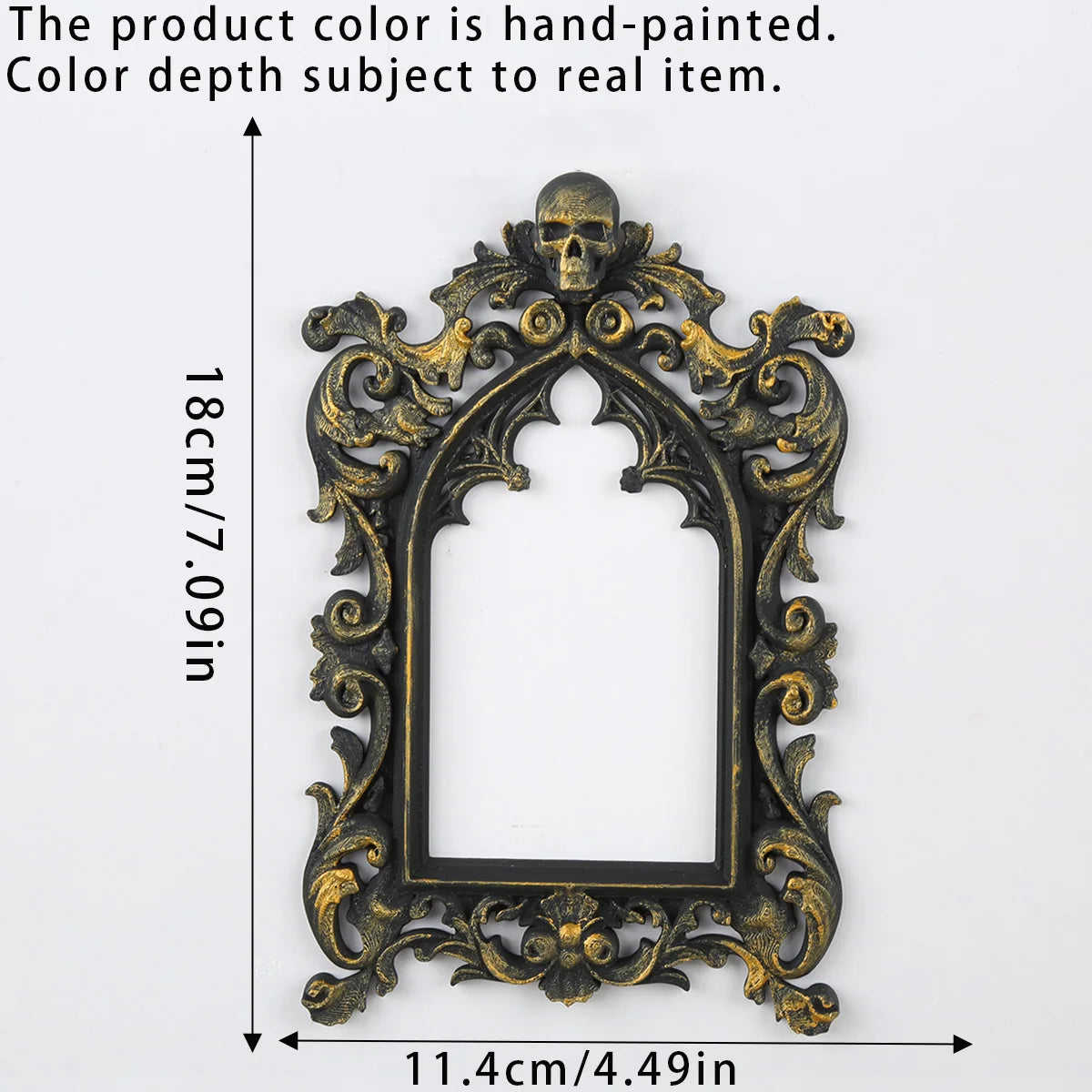 Skull carved photo frame – witchy gothic home decor styled on wall