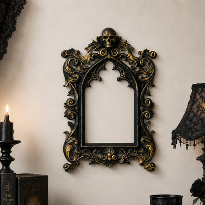 Skull carved arch photo frame – gothic wall decor mirror frame, front view