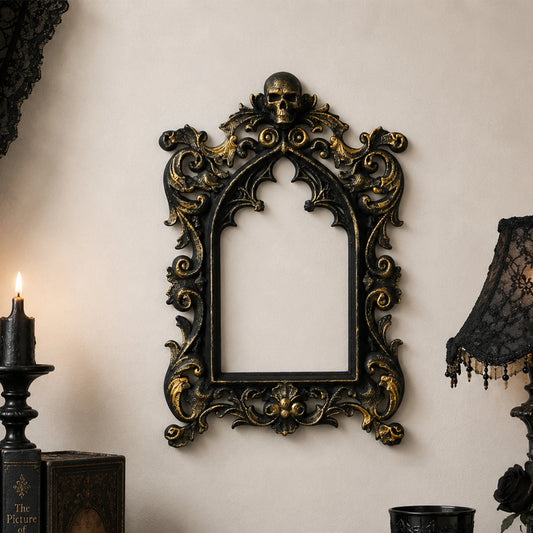Skull carved arch photo frame – gothic wall decor mirror frame, front view