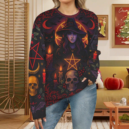 Skull Cat Halloween Witch Sweatshirt Gothic Christmas Sweater-MoonChildWorld
