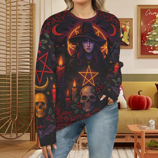 Skull Cat Halloween Witch Sweatshirt Gothic Christmas Sweater-MoonChildWorld