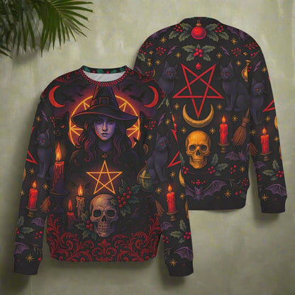 Skull Cat Halloween Witch Sweatshirt Gothic Christmas Sweater-MoonChildWorld