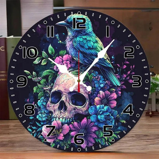 Skull Crow Gothic Wooden Wall Clock Witchy Wall Decor-MoonChildWorld