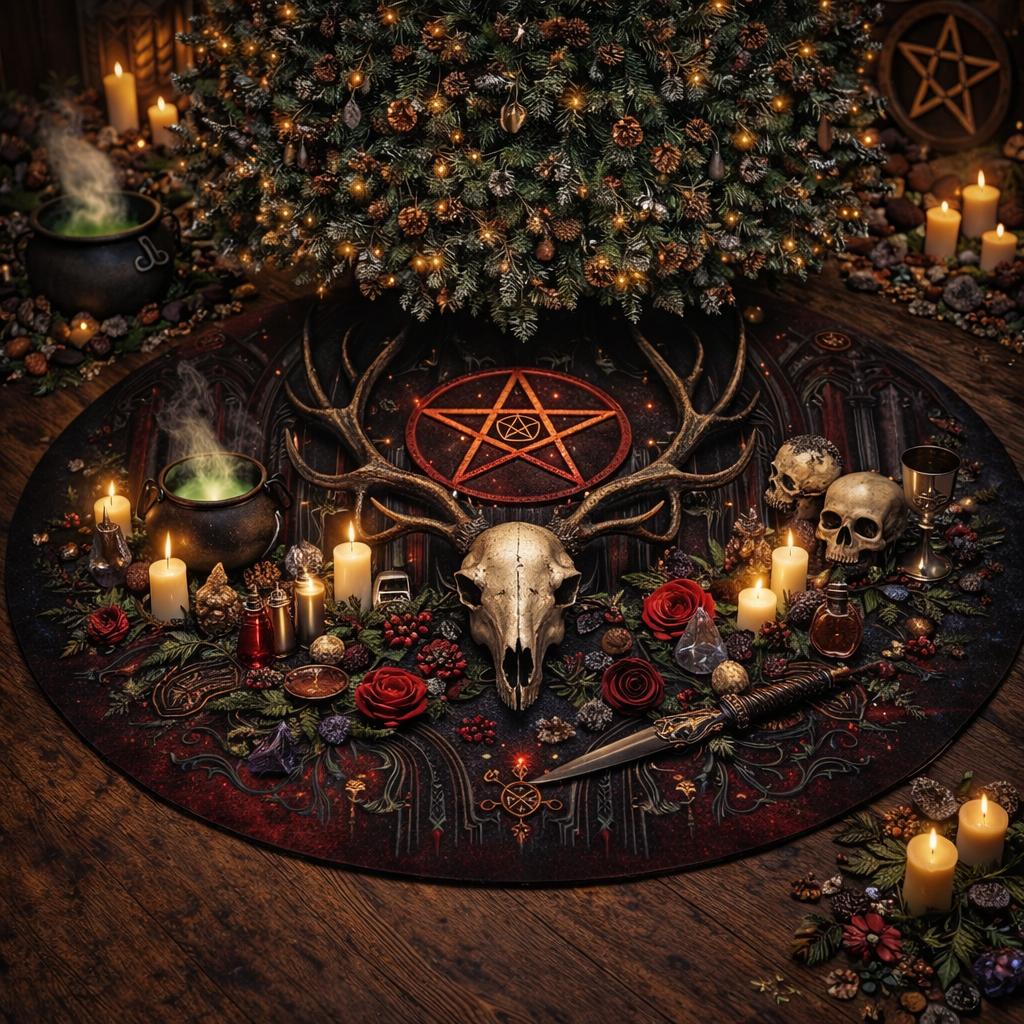 Gothic Cosmos Dark Skull Deer Tree Skirt with pentacle, skulls, roses, and candles under a lit Christmas tree.