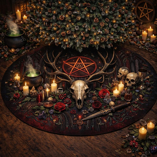 Gothic Cosmos Dark Skull Deer Tree Skirt with pentacle, skulls, roses, and candles under a lit Christmas tree.