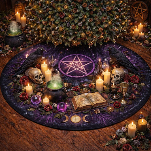 Gothic Yule tree skirt with a glowing pentagram, ravens, skulls, candles, and a spellbook.