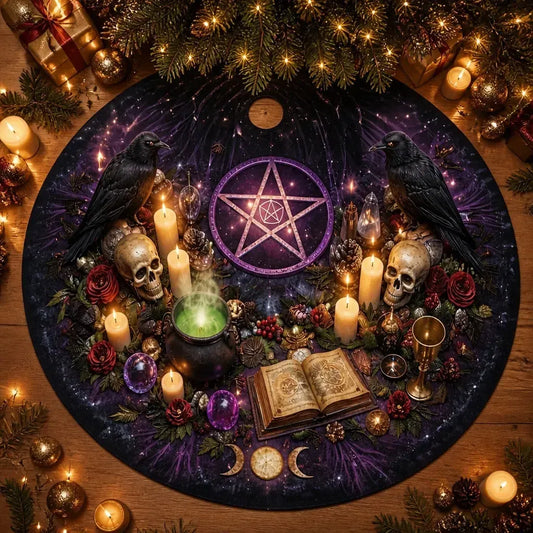 Skull Pentagram Raven Yule Tree Skirt – Pagan Witch Gothic Decor_mockup_1.webp
