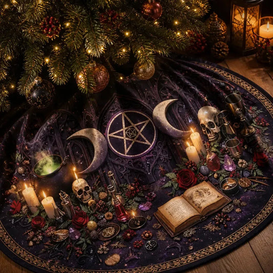 Skull Pentagram Yule Tree Skirt – Pagan Witch Gothic Decor_mockup_3.webp