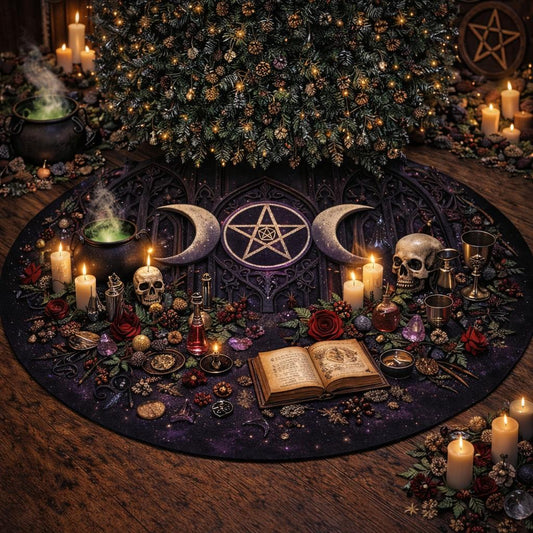 Dark purple velvet tree skirt with a central pentagram, triple moon, skulls, candles, and witchy decor.
