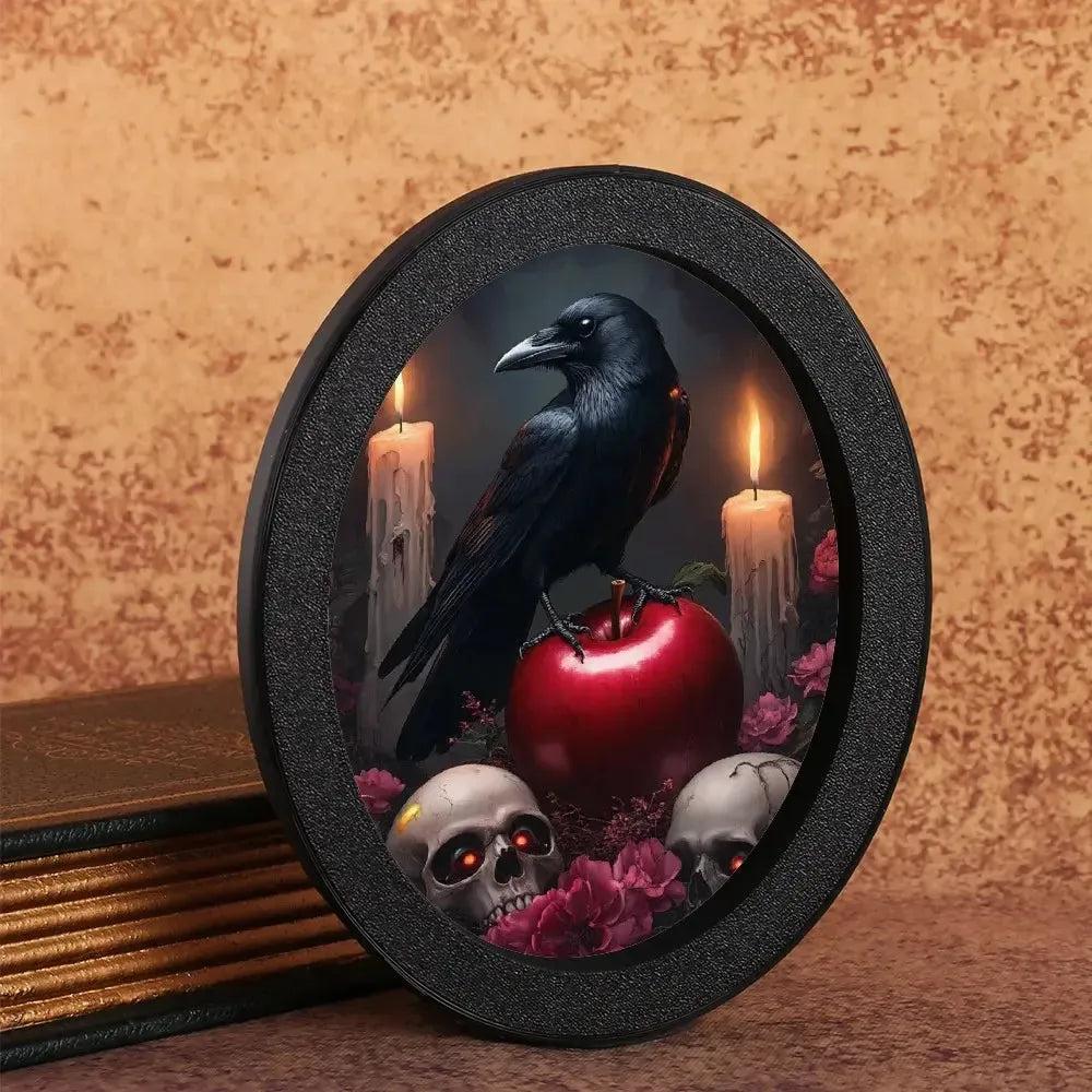 Skull & Red Apple Black Crow Retro Wall Art - Gothic Raven Wooden Oval Frame Halloween Wall Decor-MoonChildWorld