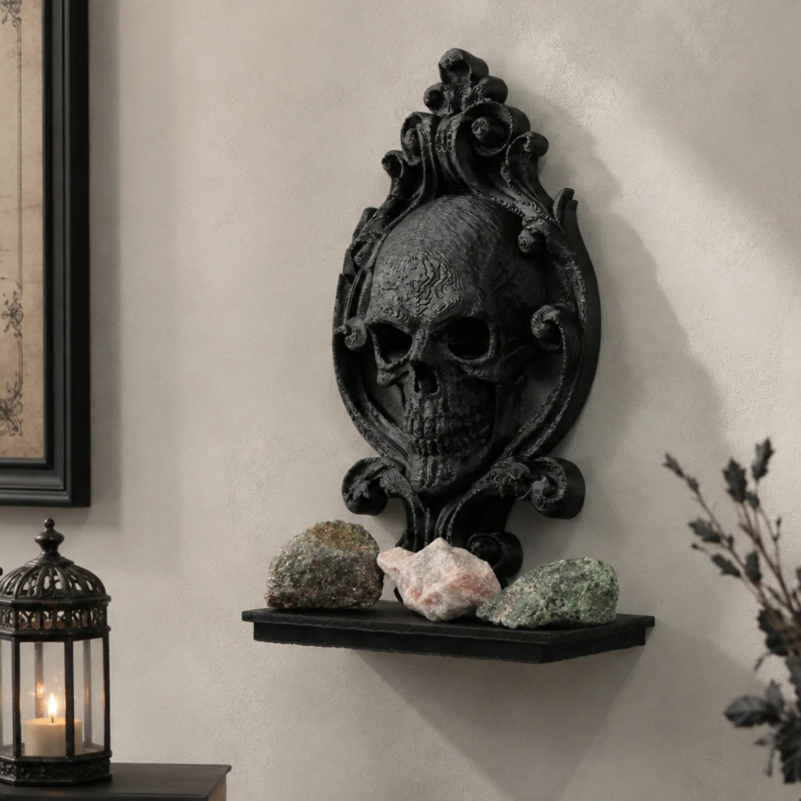 Skull Relief Wall Shelf Gothic Resin Crystal and Candle Display-MoonChildWorld