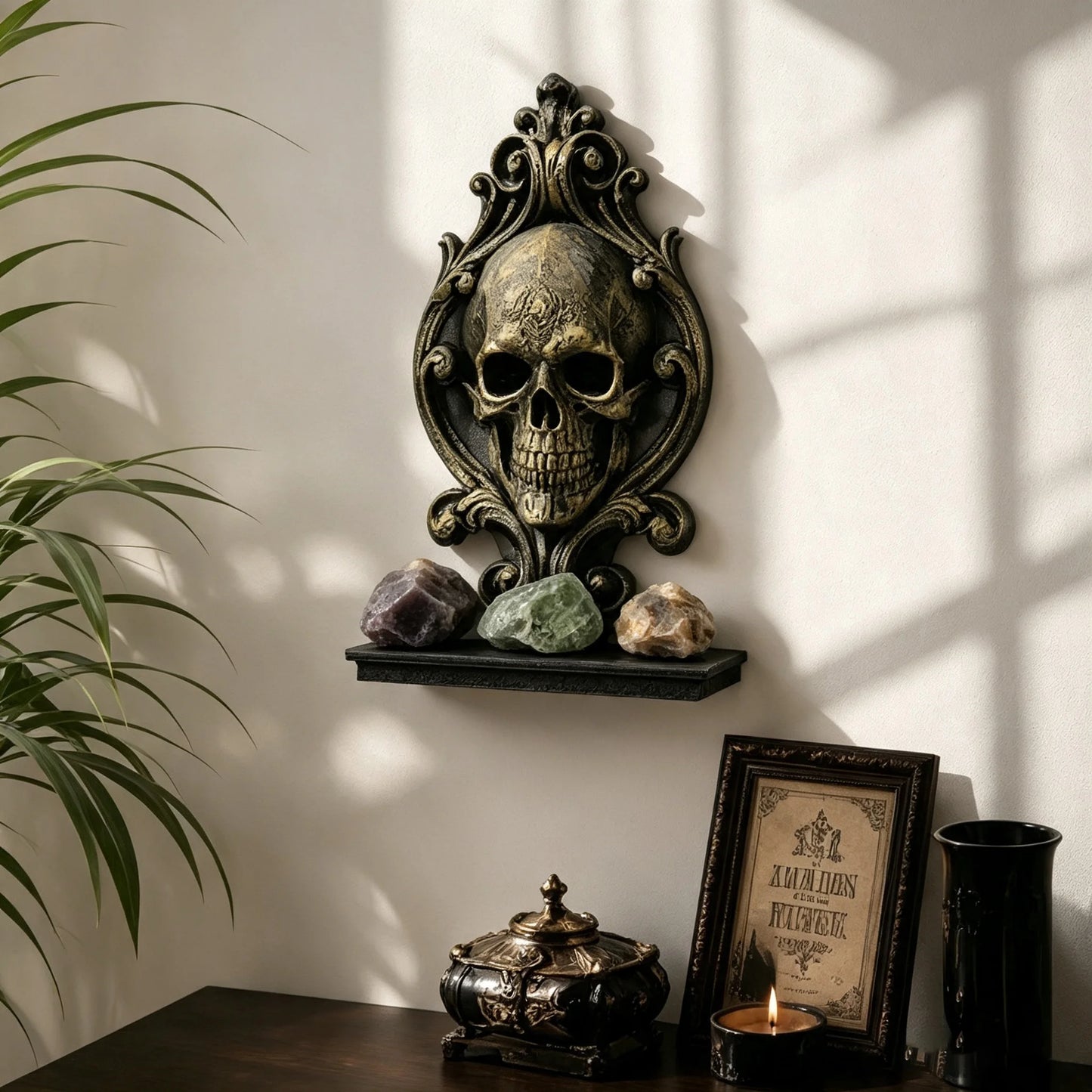 Skull Relief Wall Shelf Gothic Resin Crystal and Candle Display-MoonChildWorld