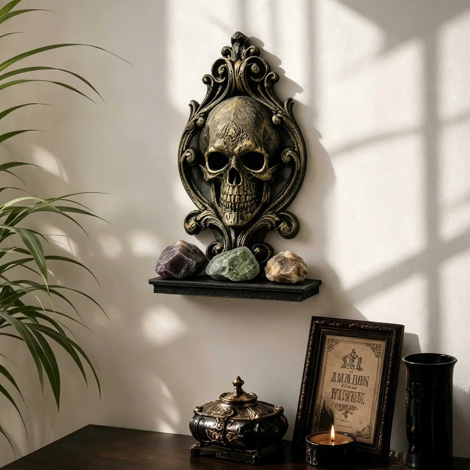 Skull Relief Wall Shelf Gothic Resin Crystal and Candle Display-MoonChildWorld