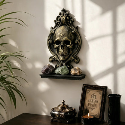 Skull Relief Wall Shelf Gothic Resin Crystal and Candle Display-MoonChildWorld