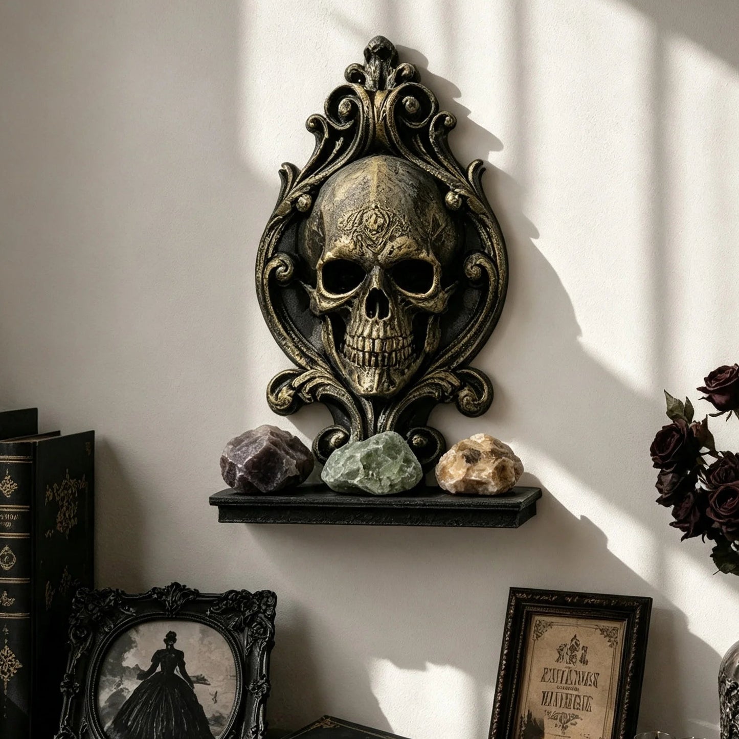Skull Relief Wall Shelf Gothic Resin Crystal and Candle Display-MoonChildWorld