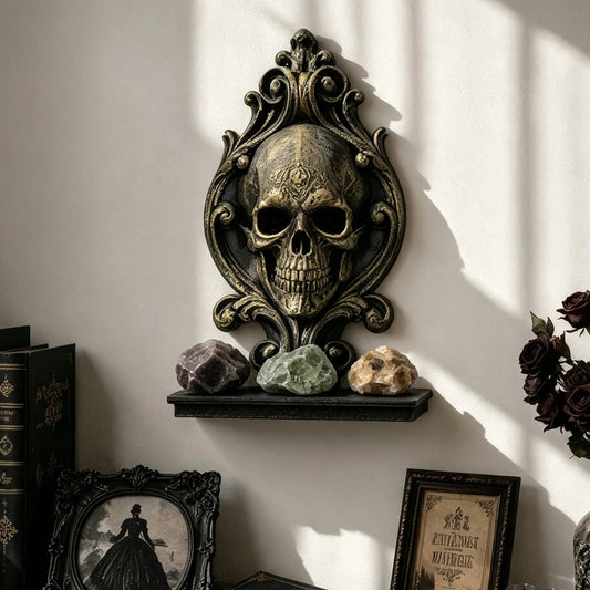 Skull Relief Wall Shelf Gothic Resin Crystal and Candle Display-MoonChildWorld