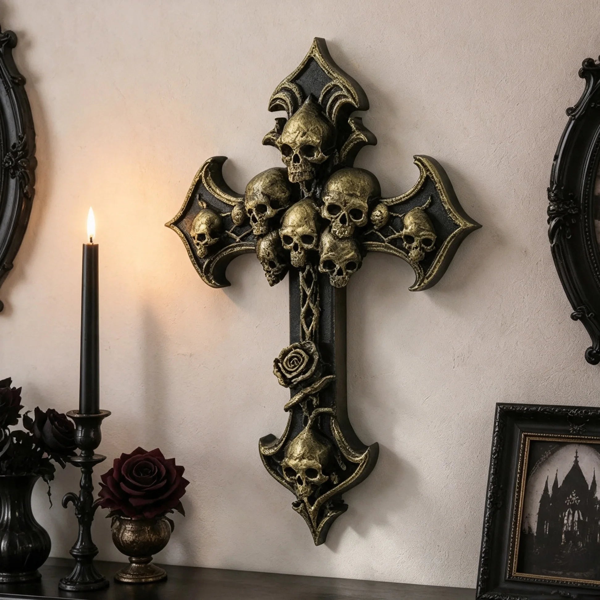 Skull Rose Cross Resin Wall Plaque Gothic Vintage Wall Decor-MoonChildWorld
