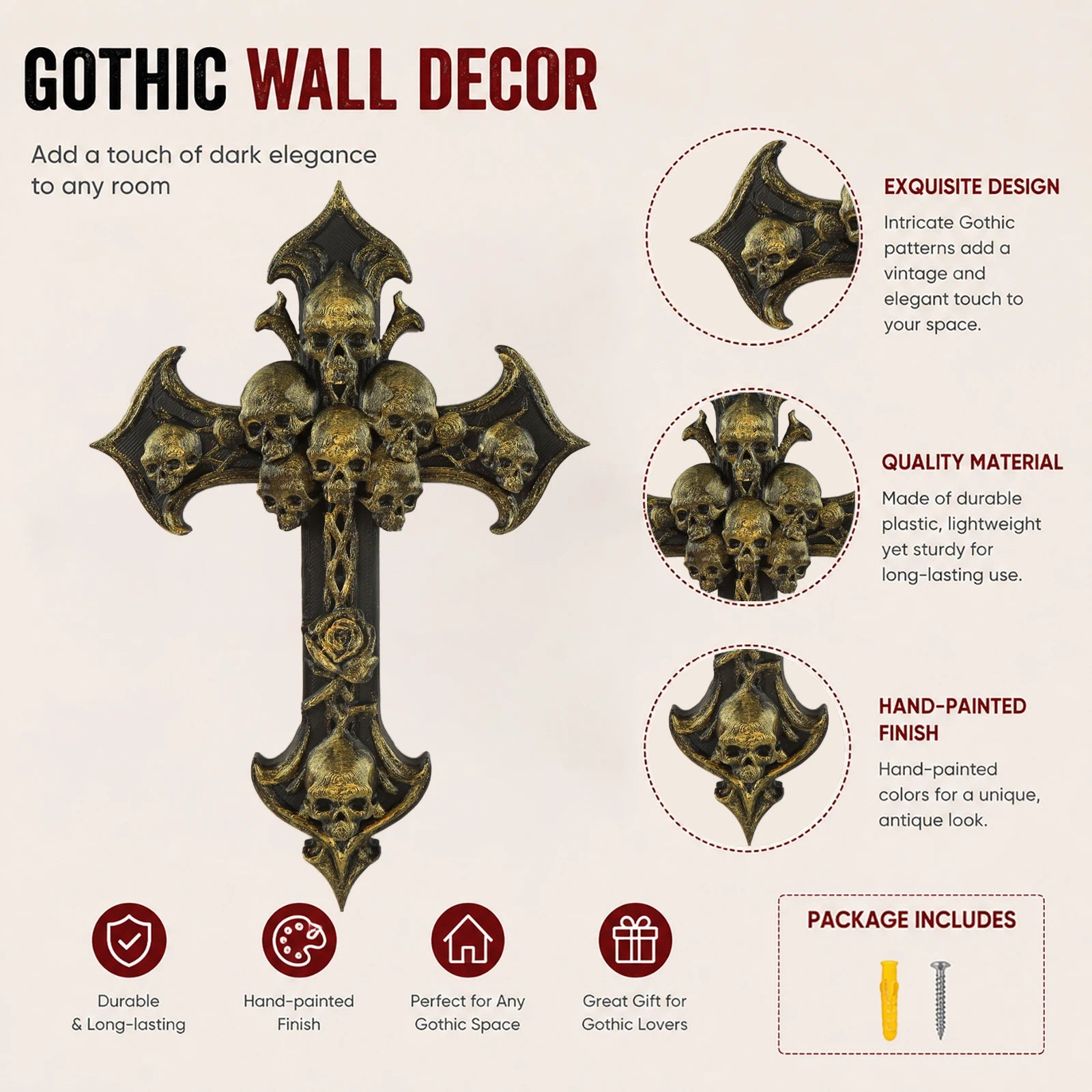 Skull Rose Cross Resin Wall Plaque Gothic Vintage Wall Decor-MoonChildWorld