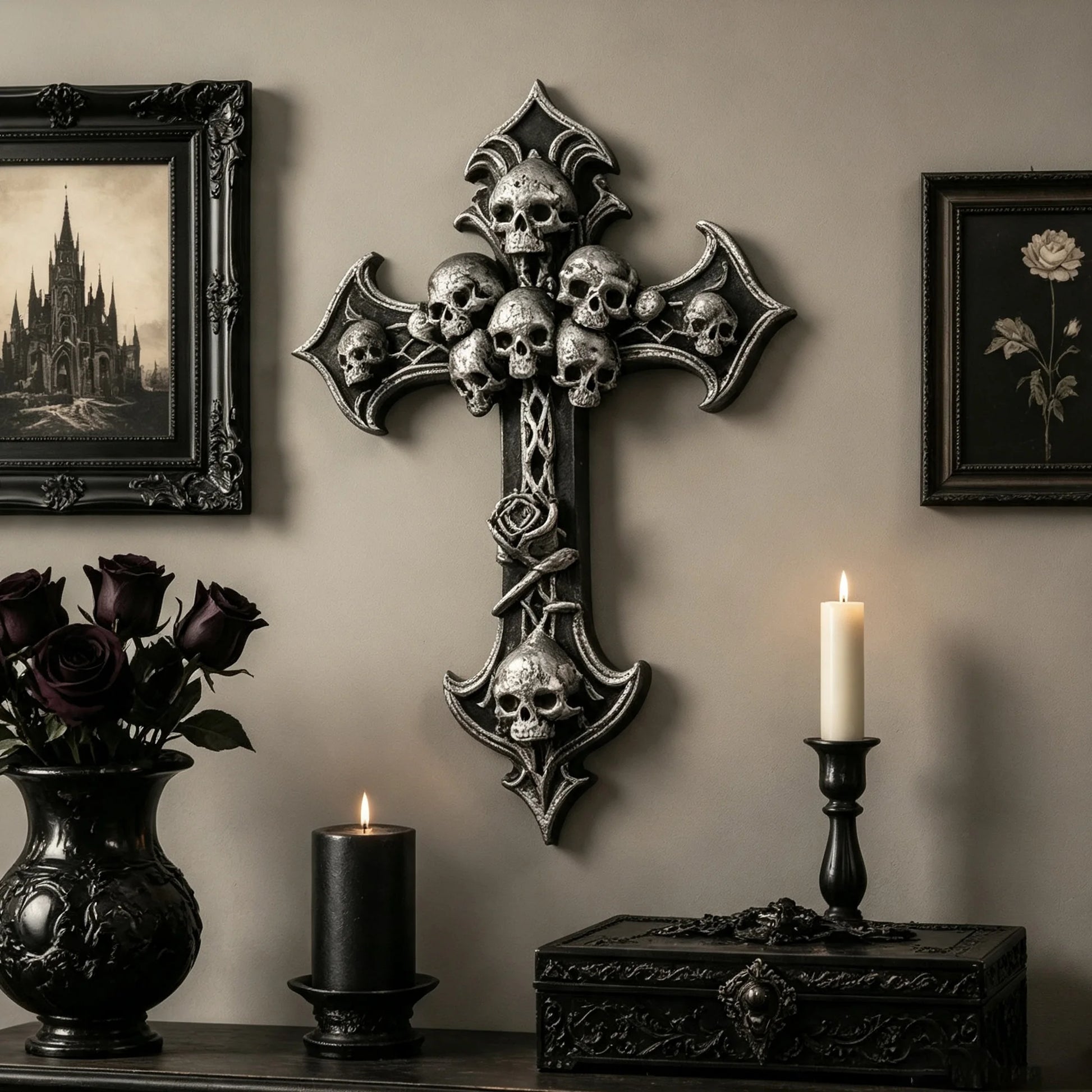 Skull Rose Cross Resin Wall Plaque Gothic Vintage Wall Decor-MoonChildWorld