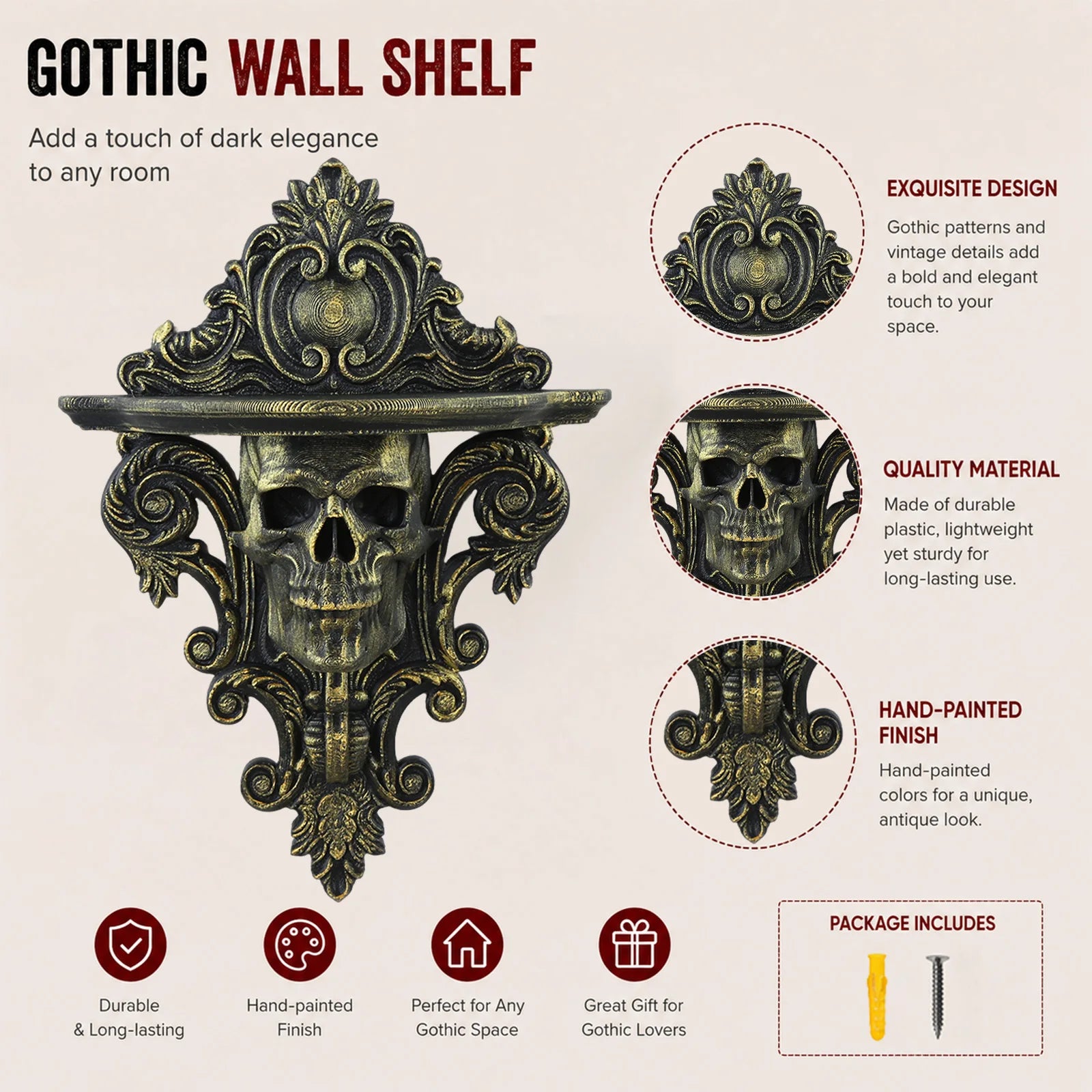 Skull wall shelf – baroque scroll carved detail close-up