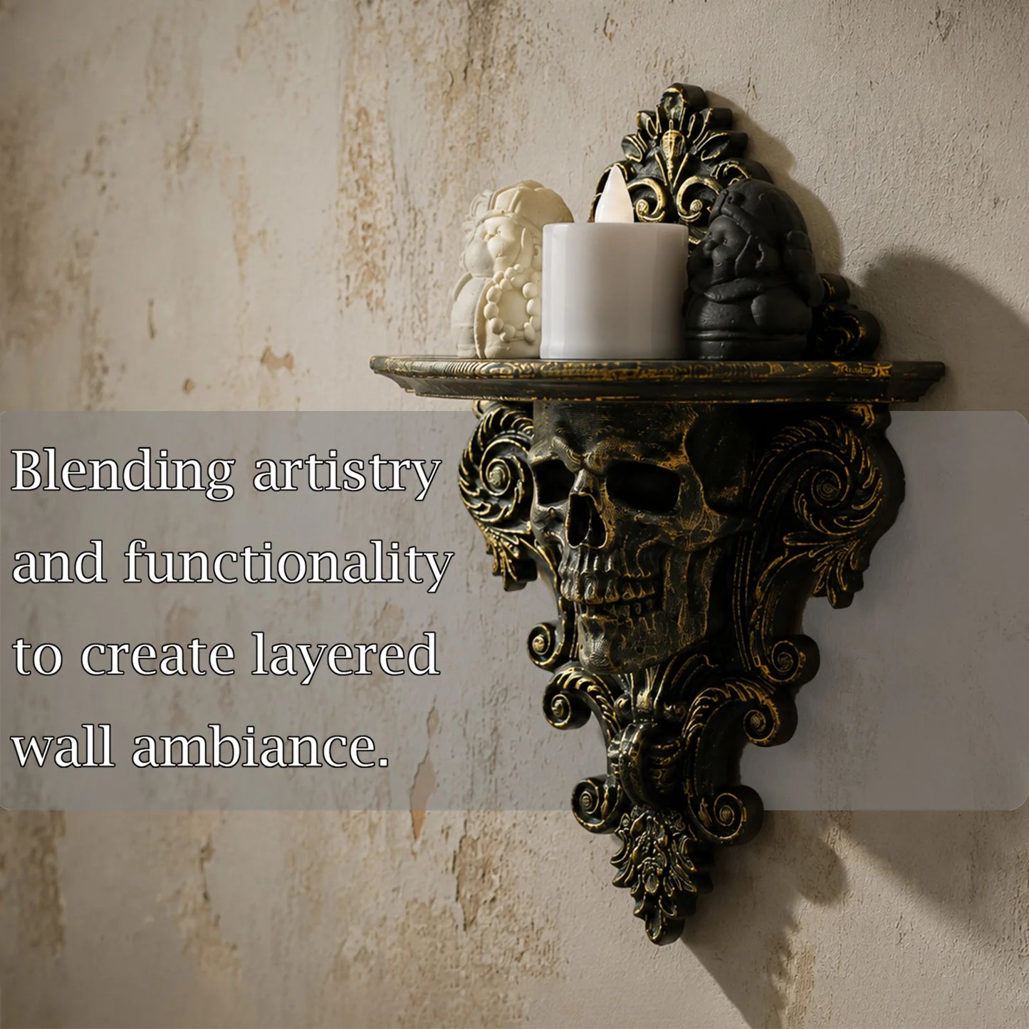 Gothic skull floating shelf – wall mounted display side view