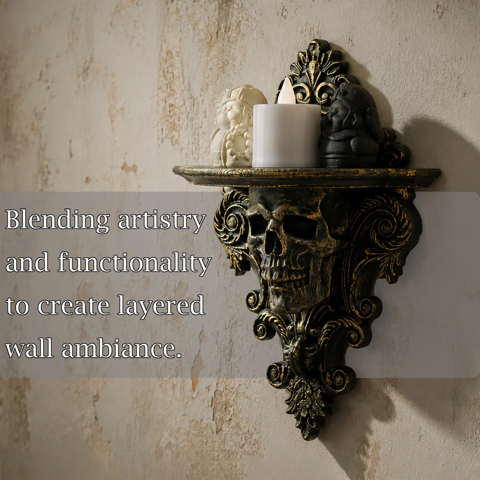 Gothic skull floating shelf – wall mounted display side view