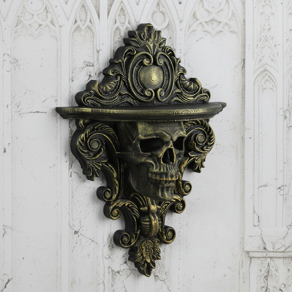 Skull carved wall rack – styled with crystals and candles