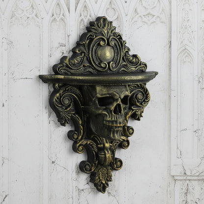 Skull carved wall rack – styled with crystals and candles