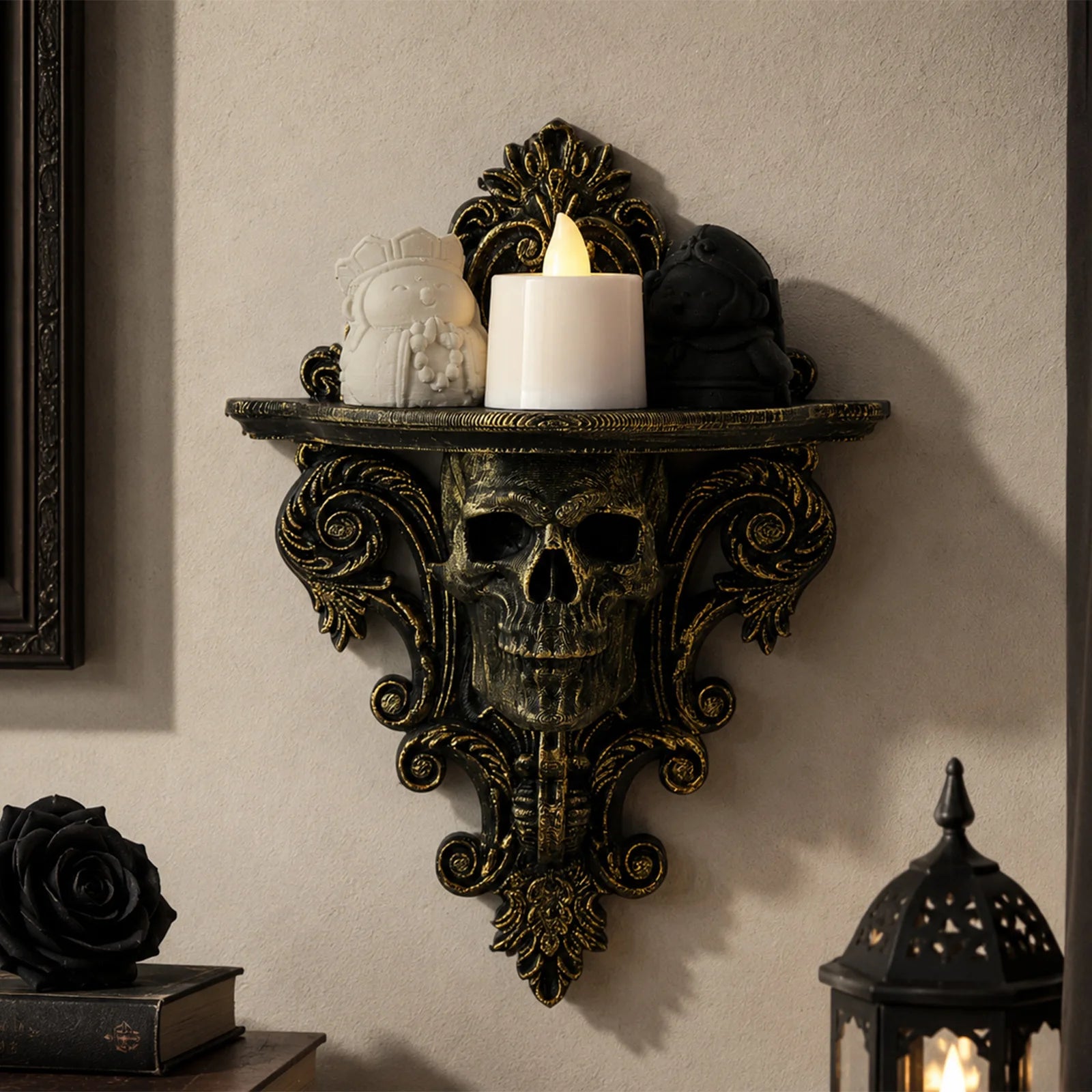 Skull scroll carved wall shelf – gothic floating crystal display rack, front view