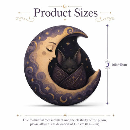 Size guide showing 16 inch / 40 cm: decorative plush pillow featuring sleeping bat and crescent moon artwork