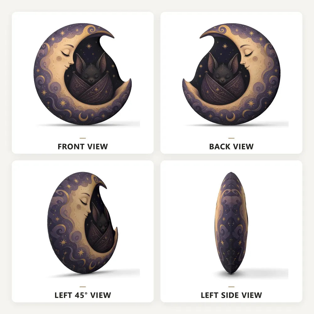 Front, back and side views: decorative plush pillow featuring sleeping bat and crescent moon artwork