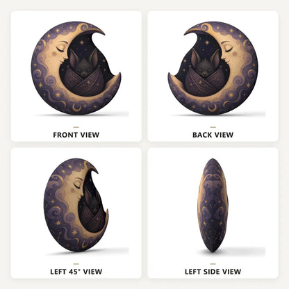 Front, back and side views: decorative plush pillow featuring sleeping bat and crescent moon artwork