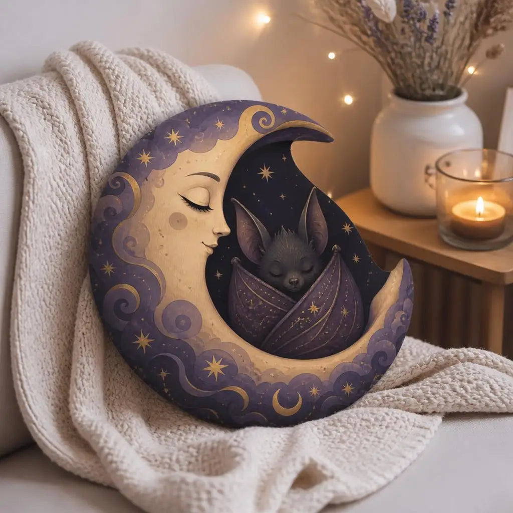 Styled room view: decorative plush pillow featuring sleeping bat and crescent moon artwork