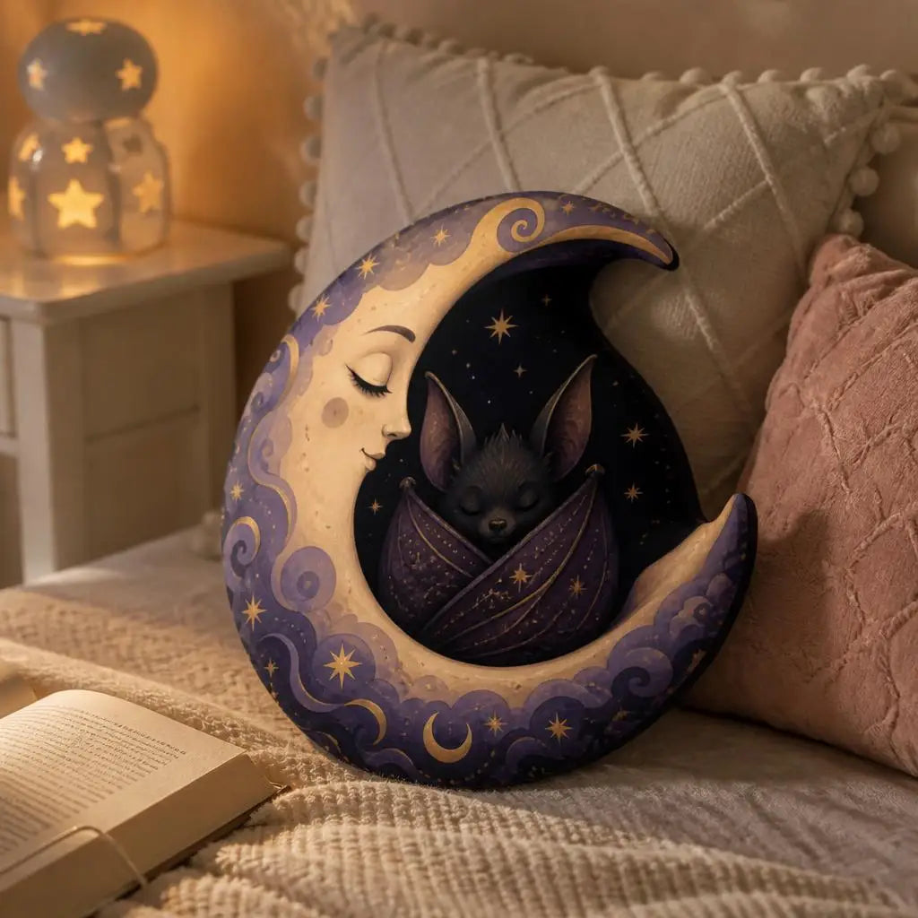 Alternate styled room view: decorative plush pillow featuring sleeping bat and crescent moon artwork
