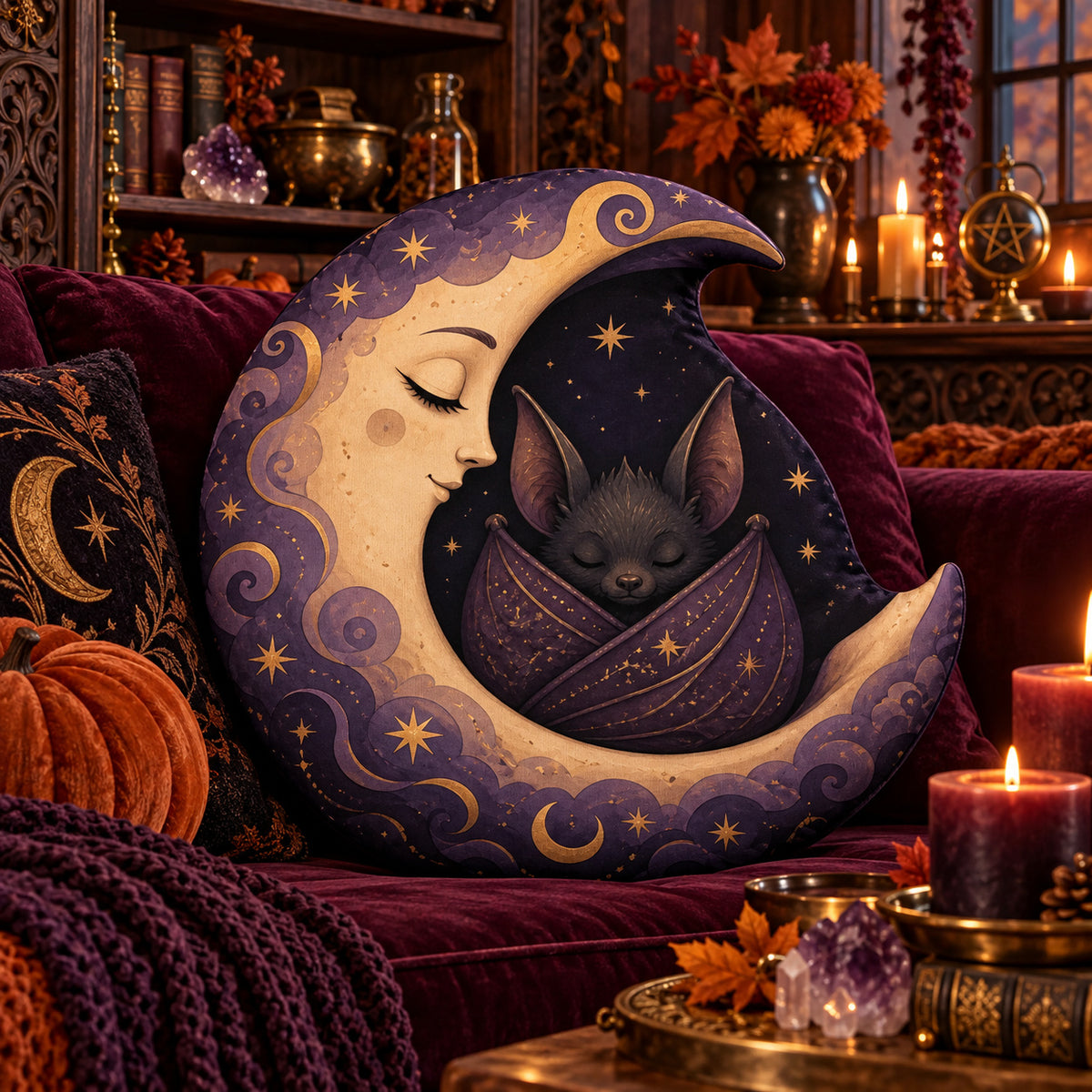Sleeping Bat Crescent Moon Pillow in a witchy room