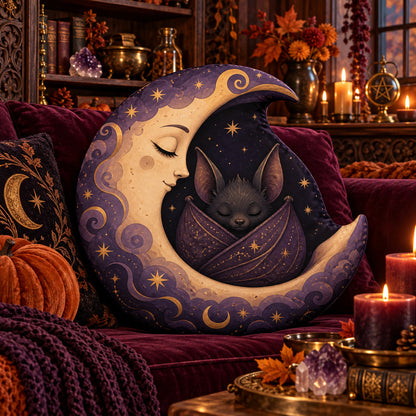 Sleeping Bat Crescent Moon Pillow in a witchy room