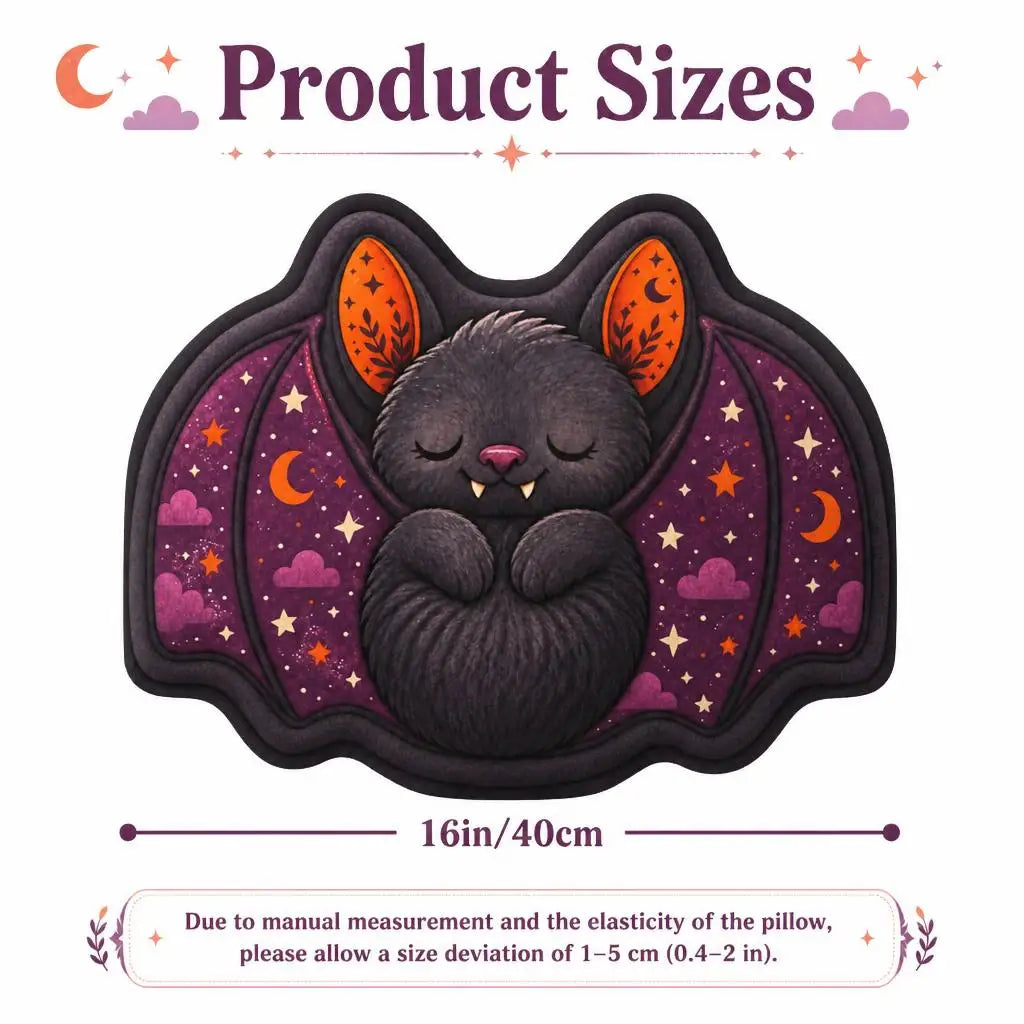Size guide for sleeping bat plush pillow, showing 16 inches / 40 cm